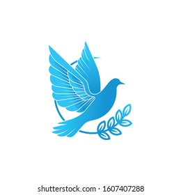 Dove Logo icon vector illustration. Abstract Line art of a flying dove with olive branch on a white background. Vector Dove icon logo, app, web template.