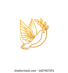 Dove Logo icon vector illustration. Abstract Line art of a flying dove with olive branch on a white background. Vector Dove icon logo, app, web template.