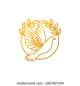 Dove Logo icon vector illustration. Abstract Line art of a flying dove with olive branch on a white background. Vector Dove icon logo, app, web template.