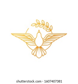 Dove Logo icon vector illustration. Abstract Line art of a flying dove with olive branch on a white background. Vector Dove icon logo, app, web template.