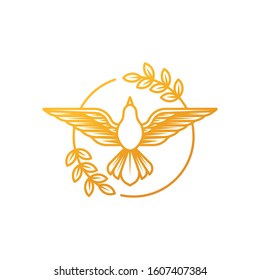 Dove Logo icon vector illustration. Abstract Line art of a flying dove with olive branch on a white background. Vector Dove icon logo, app, web template.
