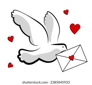 A dove with a love letter on a white background. Valentine's Day