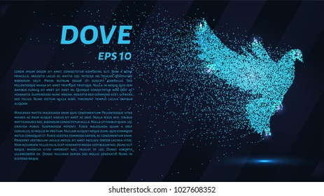 Dove made of particles. The dove consists in dots and circles. Blue dove on a dark background.