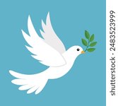 A dove in mid flight, holding an olive branch in its beak, symbolizing peace