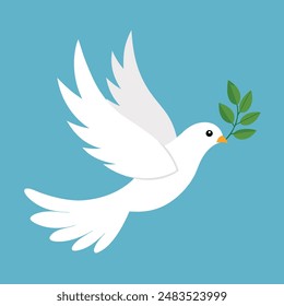 A dove in mid flight, holding an olive branch in its beak, symbolizing peace