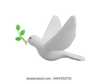 a dove with an olive branch in its beak. 3d render. vector illustration on isolated white background