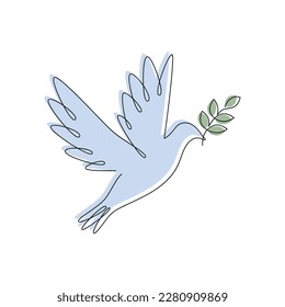 Dove with olive branch drawn in one continuous line with color spot. One line drawing, minimalism. Vector illustration.