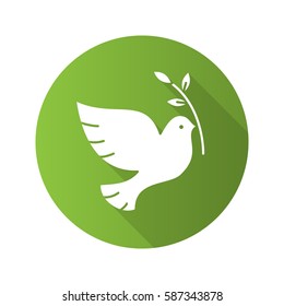 Dove with olive branch. Flat design long shadow icon. Peace Day sign. Vector silhouette symbol