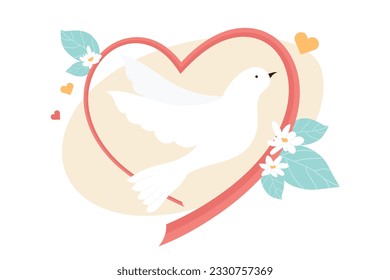 Paloma con rama de olivo volando dentro del pincel línea de la forma del corazón. Paloma blanca de dibujos animados, símbolo de paz ilustración vectorial plana. Salvar el mundo, concepto de libertad