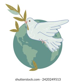 Dove with olive branch flying over the planet, vector illustration isolated on white background. Illustration on the theme of peace and anti-war symbol.