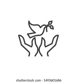 Dove With Olive Branch And Hands Line Icon. Linear Style Sign For Mobile Concept And Web Design. Freedom And Peace Outline Vector Icon. Symbol, Logo Illustration. Vector Graphics