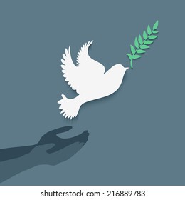 Dove with olive branch and hands.Concept of freedom and peace.