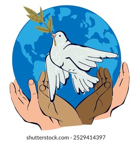 Dove with olive branch in human hands. Dove for peace and no war concept, goodwill hope concept, flat vector illustration isolated on white background.