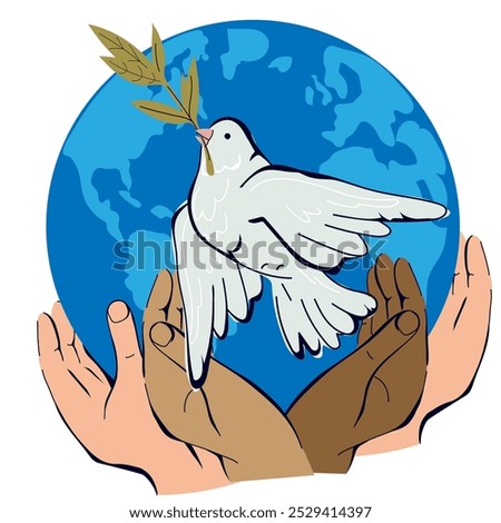 Dove with olive branch in human hands. Dove for peace and no war concept, goodwill hope concept, flat vector illustration isolated on white background.