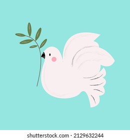 Dove with olive branch. Isolated Vector image on blue background