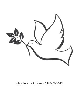 Dove with olive branch line art vector illustration.