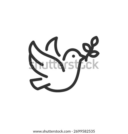 Dove with olive branch, linear icon. Peace and hope symbol. Line with editable stroke.