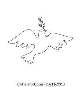 Dove with olive branch linear vector icon. Flying dove bird thin line design element illustration. Peace sign, hope holy spirit church religion holiday symbol. Pigeon contour isolated outline drawing