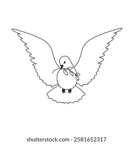 Dove with olive branch linear vector icon. Flying dove bird thin line design element illustration. Peace sign, hope holy spirit church religion holiday symbol. Pigeon contour isolated outline drawing