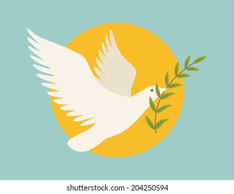 Dove with olive branch on simple sky background