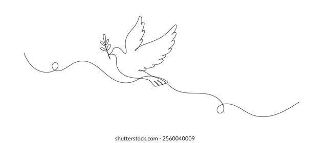 Dove with olive branch one continuous line illustration. Hand drawn doodle sketch of bird of piece, pigeon