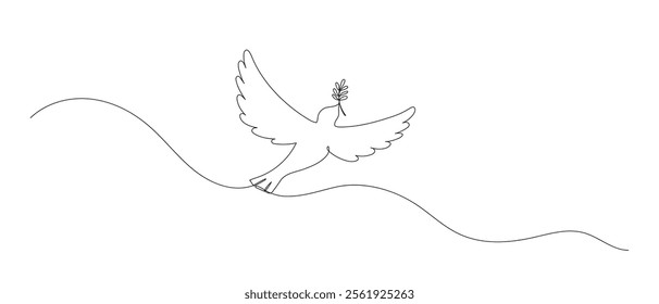 Dove with olive branch one continuous illustration. Hand drawn doodle line sketch of bird of piece, pigeon