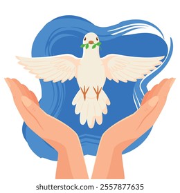 Dove with olive branch and open hands below Vector