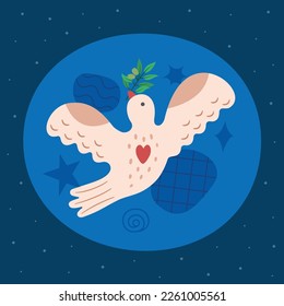 Dove with olive branch. Peace bird. Simple collage. Scandinavian doodle folk winged animal. World Day card. Retro cutout Scandi humor flying pigeon. Vector abstract utter illustration