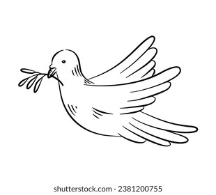 A dove with an olive branch, Peace day concept. Hand drawn line style.