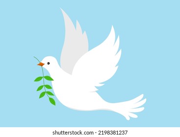 Tauchen mit Olivenzweig-Symbol für Frieden einzeln auf weißem Hintergrund. Taubenfliegender Freudenvogel mit Olivenzweig mit Blättern im Schnabel. Flaches Design Cartoon Stil Vektorgrafik.