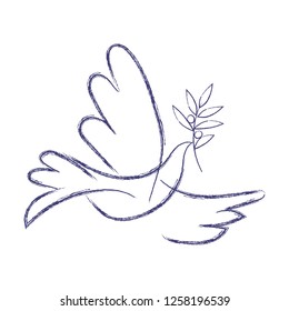 Dove with olive branch symbol of peace line art vector illustration.