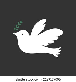 Dove and olive branch symbol of peace on dark background, serenity, no war.