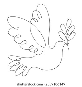 Dove with olive branch, symbol of peace and hope, One continuous line drawing of flying dove with olive branch