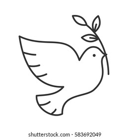 Dove with olive brunch linear icon. Thin line illustration. Peace Day contour symbol. Vector isolated outline drawing