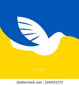 Dove on the background colors of the Ukrainian flag. Stop War in Ukraine concept vector illustration. Save Ukraine, Ukraine flag praying concept illustration background. Save Ukraine from Russia.