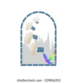Dove on a background window, vector illustration