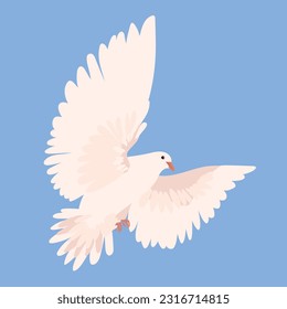 Palo en un fondo azul. Vector. El símbolo mundialmente famoso de paz, libertad, esperanza. Una hermosa paloma blanca resplandeciente desemboca en el cielo azul. Espíritu sagrado en forma de pájaro.