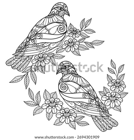 Dove on a flower branch hand drawn for adult coloring book