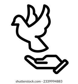 Dove on hand line icon, world peace day concept, flying pigeon and human palm sign on white background, person hand and bird symbol outline style for mobile and web design. Vector graphics