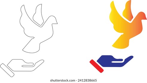 Dove on hand line and solid icon, world peace day concept, flying pigeon and human palm sign ,