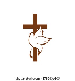 Dove On Peace And Cross Isolated Religion Symbol. Vector Holy Spirit Bird And Crucifix