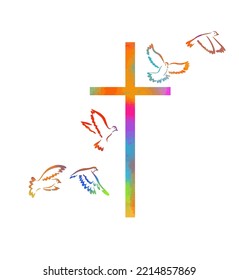 Dove on peace and cross isolated religion symbol. Colored religious cross with flying birds. Vector illustration