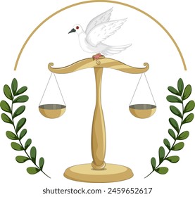 Dove on scales surrounded by olive branches