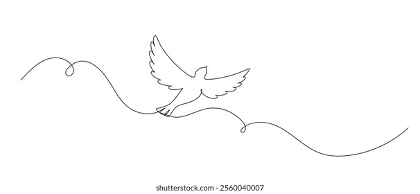 Dove one continuous line illustration. Hand drawn doodle sketch of bird of piece, pigeon