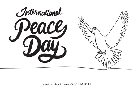 Dove one line continuous. International Peace Day text lettering. Hand drawn vector art