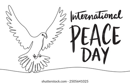 Dove one line continuous. International Peace Day text lettering. Hand drawn vector art