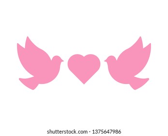 Dove or other birds with heart. Pink silhouette of pigeons. Symbol of love. Vector illustration for wedding card or invitation.