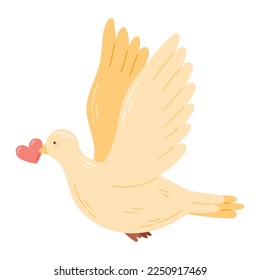 A dove with outstretched wings holding a heart in its beak. Vector isolated cartoon illustration.