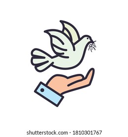dove over hand line and fill style icon design, Freedom peace and nature theme Vector illustration