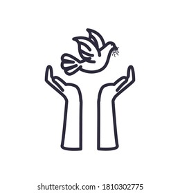 dove over hands line style icon design, Freedom peace and nature theme Vector illustration